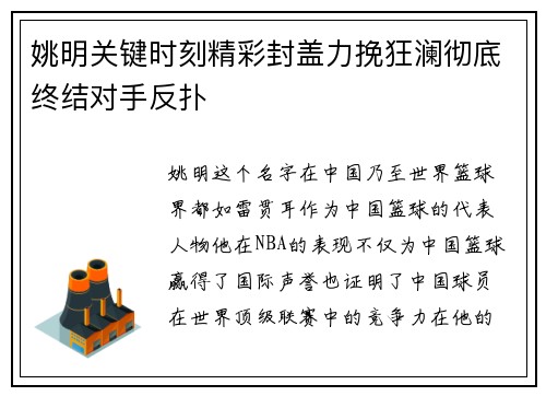 姚明关键时刻精彩封盖力挽狂澜彻底终结对手反扑