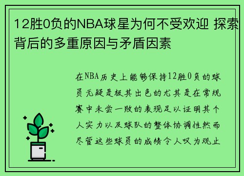 12胜0负的NBA球星为何不受欢迎 探索背后的多重原因与矛盾因素
