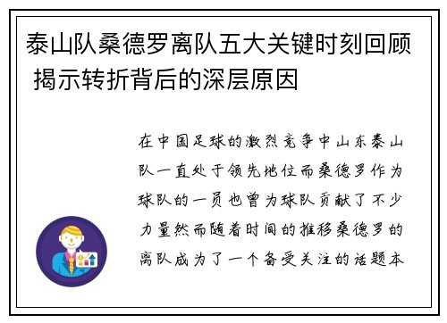 泰山队桑德罗离队五大关键时刻回顾 揭示转折背后的深层原因